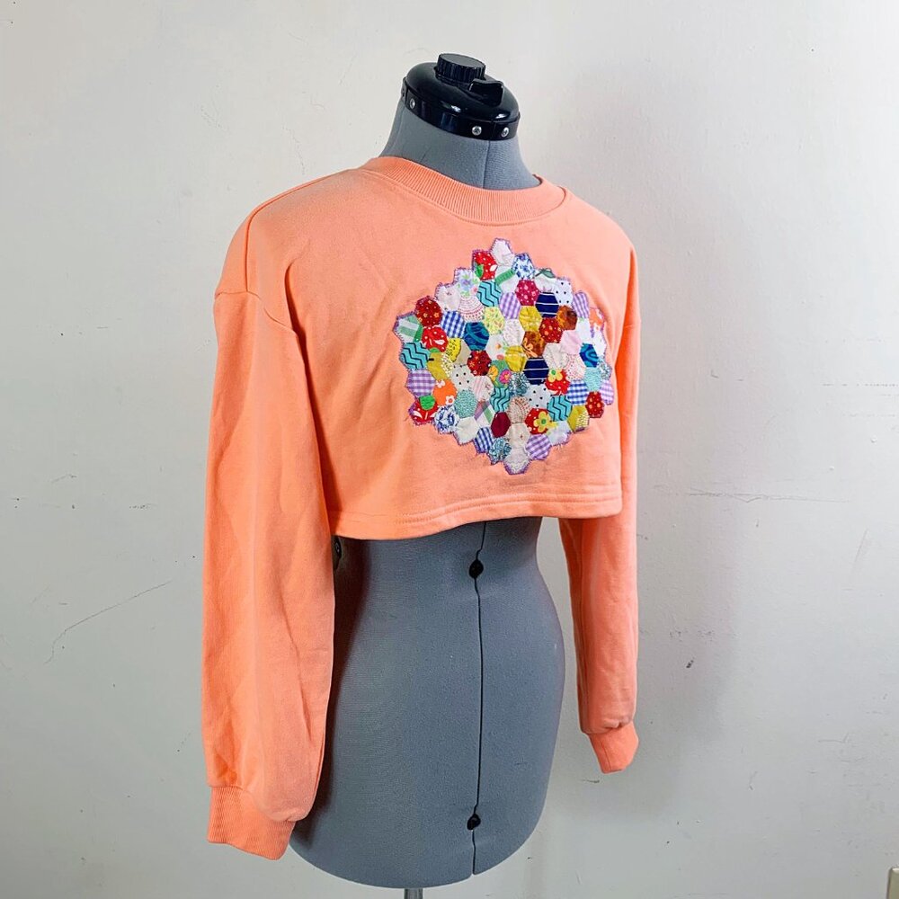 Ooak Upcycled Quilted Hexagon Patchwork Cropped S… - image 4